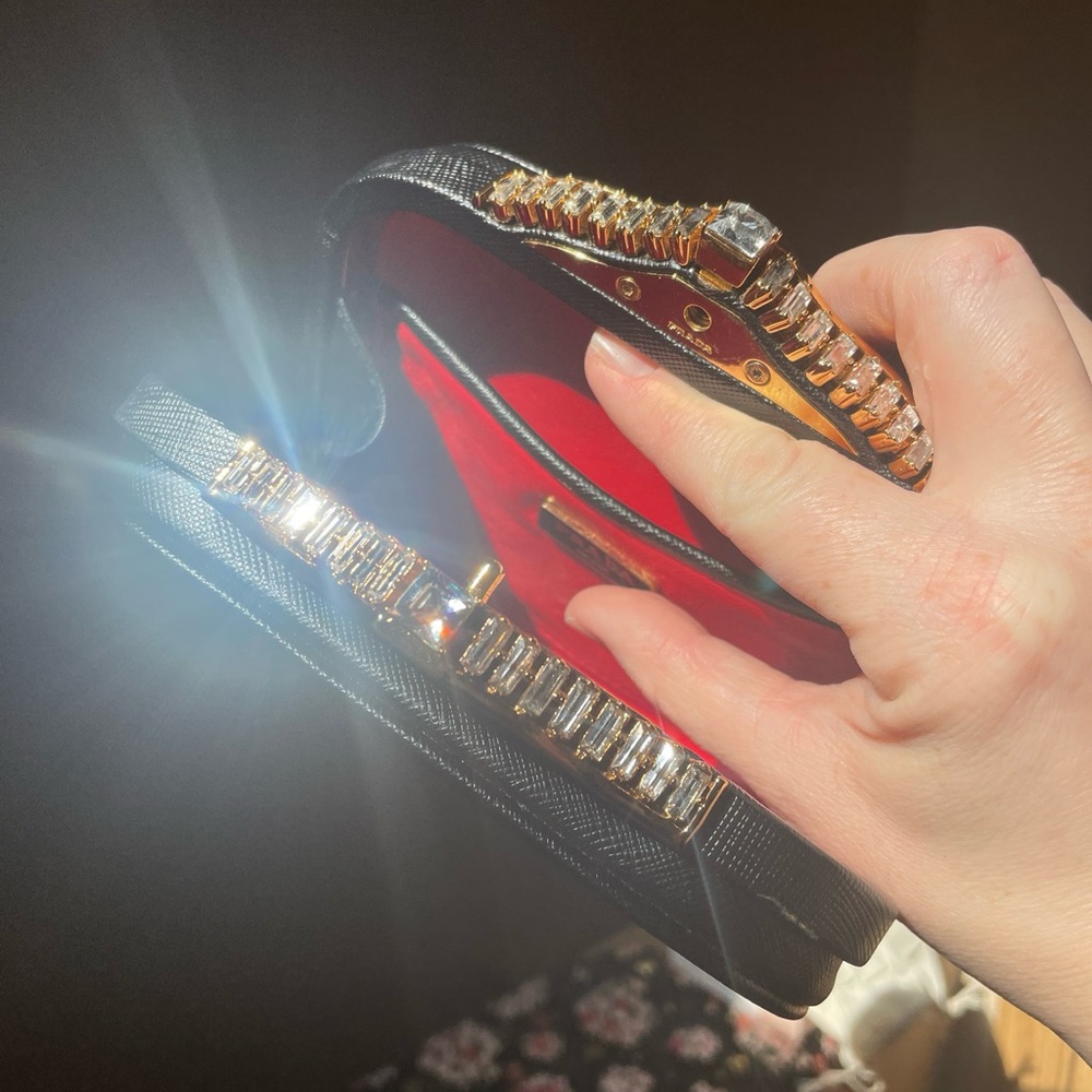 Prada Black and Gold Clutch with Red Interior